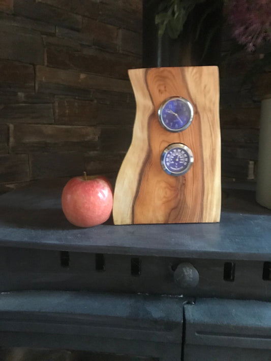 Handmade miniature clock and temperature gauge in yew in unique design Choice of 2 colours