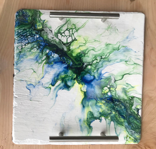 Dutch Pour fluid acrylic art platter on reclaimed slate base , finished with heat resistant food safe lacquer and felt base, Various colour