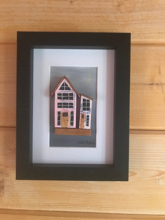Wooden house picture. Handmade and painted. Framed. Free P&P