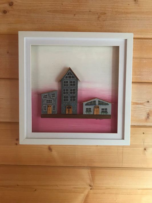 Wooden house picture. Handmade and painted. Framed. Free P&P