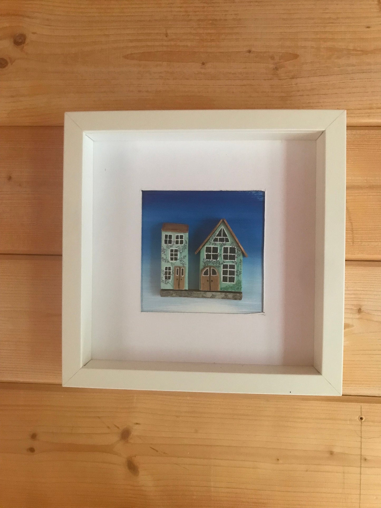 Wooden house picture. Handmade and painted. Framed. Free P&P