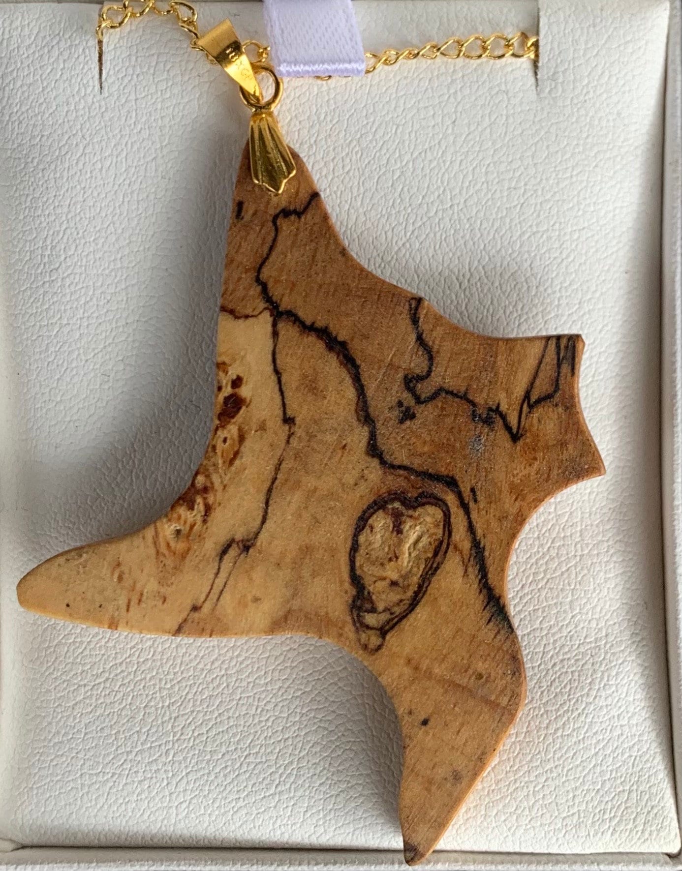 Pendant made from spalted beech on a 9ct gold plated 18” chain
